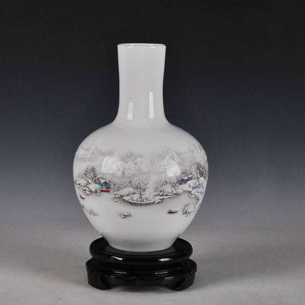 Chinese Style Ancient Snow Scenery White Ceramic Flower Vase Fashion Home Decoration Jingdezhen Porcelain Vases
